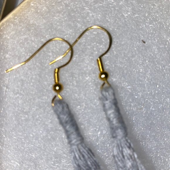Light Blue Gray Hand Crafted Macrame Style  Fringe Gold Toned Dangle Earrings - Picture 6 of 9